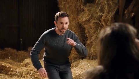 Generated recreation showing a man tiptoeing in a straw-filled barn